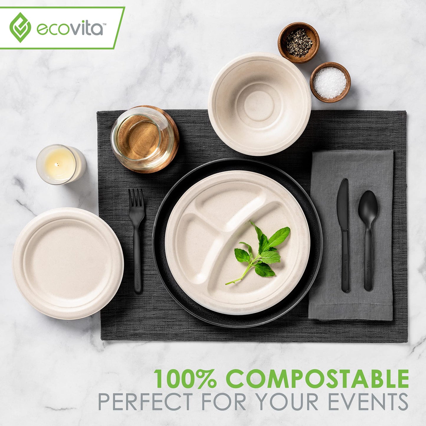 Ecovita 100% Compostable Paper Bowls [16 oz.] – 150 Disposable Bowls