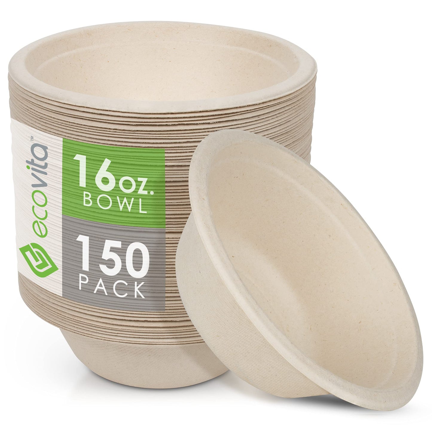 Ecovita 100% Compostable Paper Bowls [16 oz.] – 150 Disposable Bowls