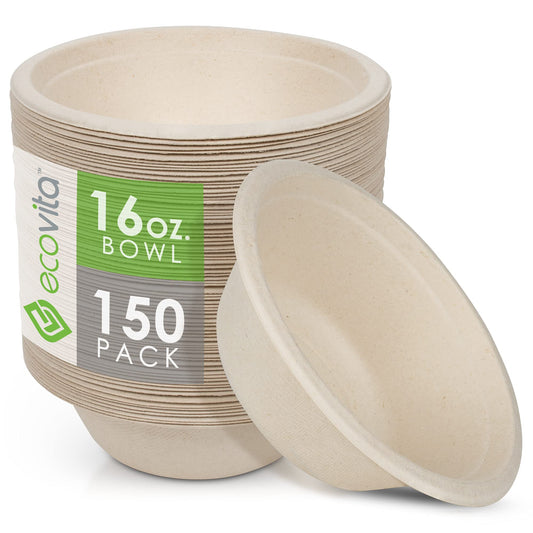 Ecovita 100% Compostable Paper Bowls [16 oz.] – 150 Disposable Bowls