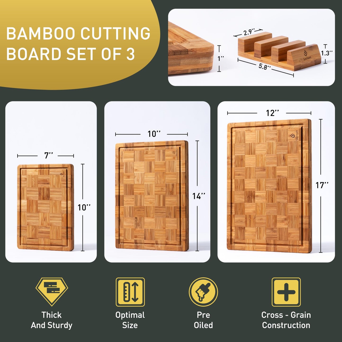 3 Pack Heavy Duty Bamboo Cutting Board Set Non Toxic