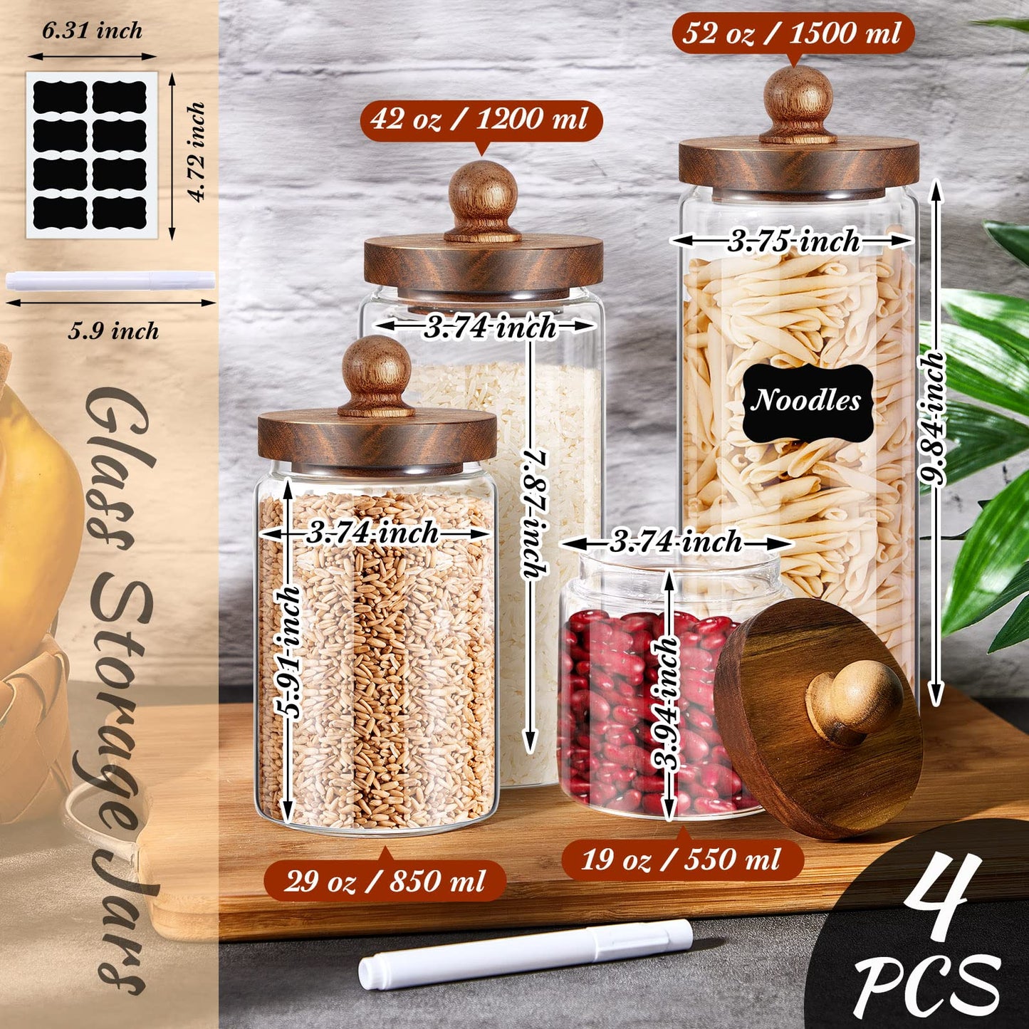 Gerrii Glass Storage Jars Set of 4, Clear Food Storage Containers with Wooden Lids