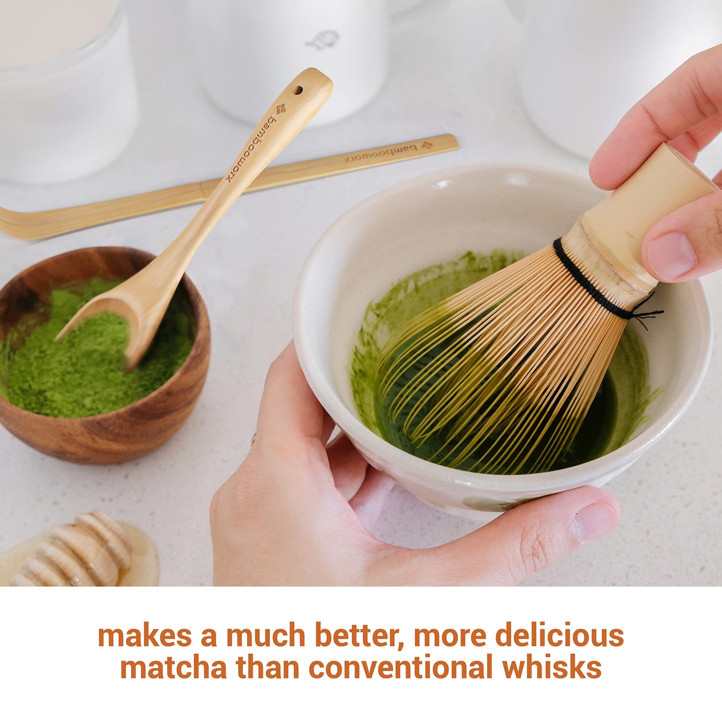BambooWorx Matcha Whisk Set - (Chasen), Traditional Scoop (Chashaku), Tea Spoon.