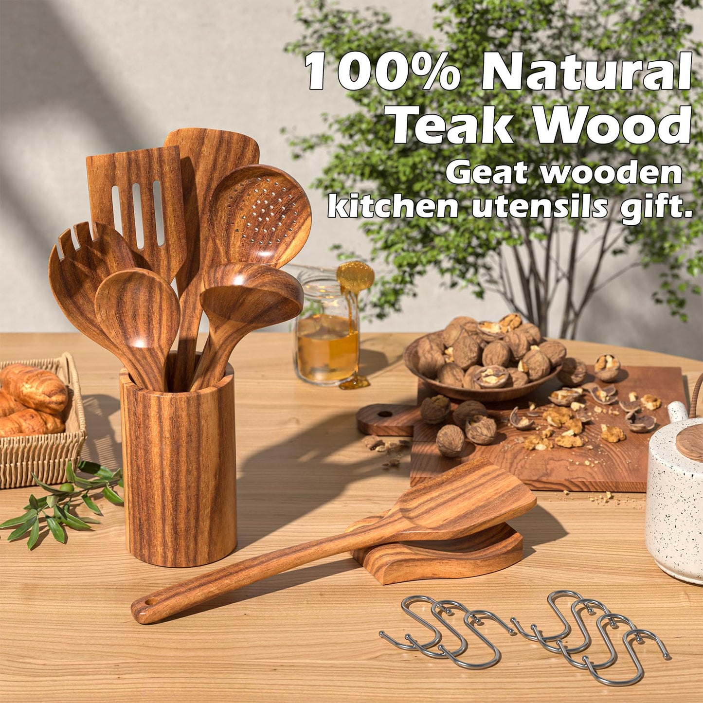 Natural Teak Kitchen 10 PCS. Cooking Utensil Set with Holder