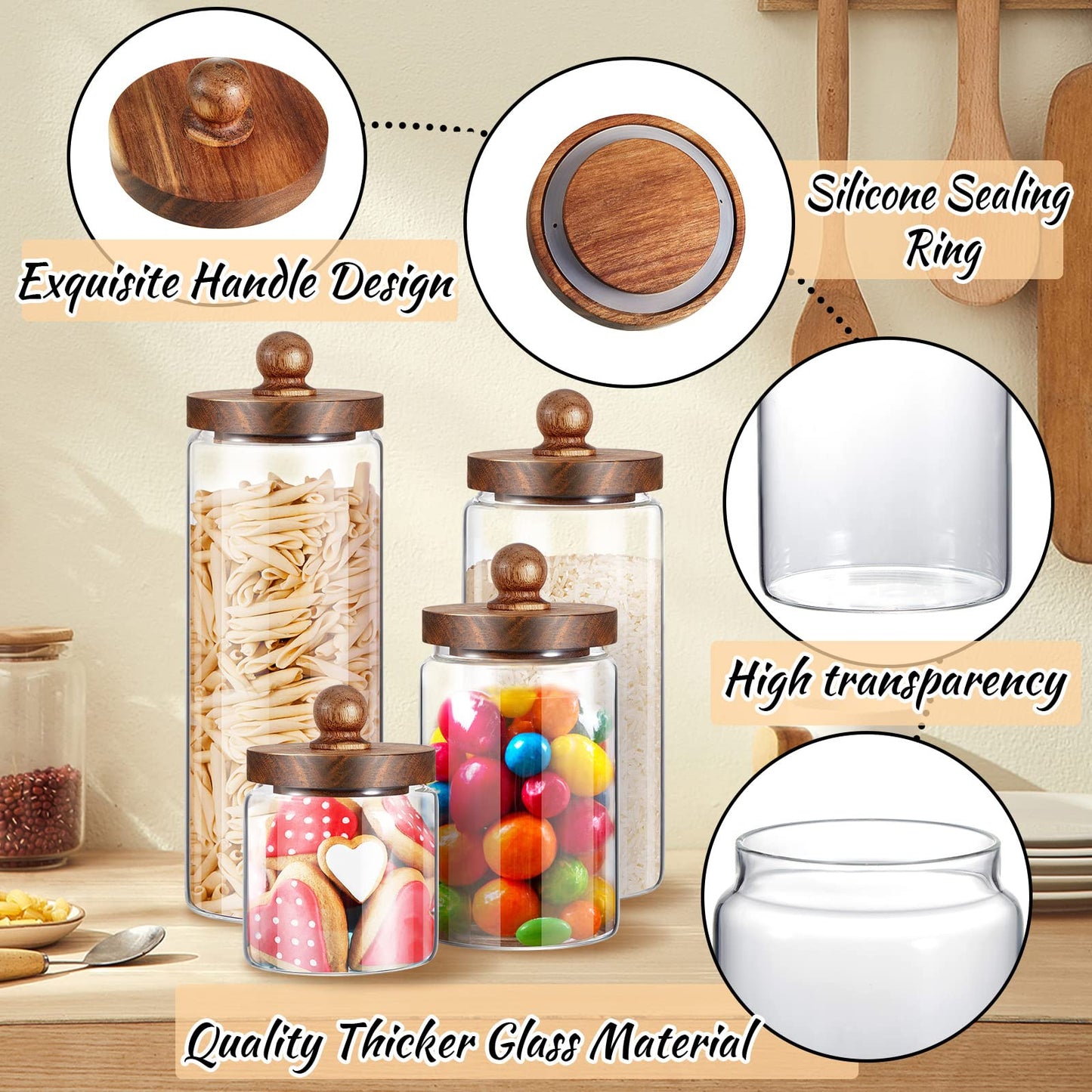 Gerrii Glass Storage Jars Set of 4, Clear Food Storage Containers with Wooden Lids
