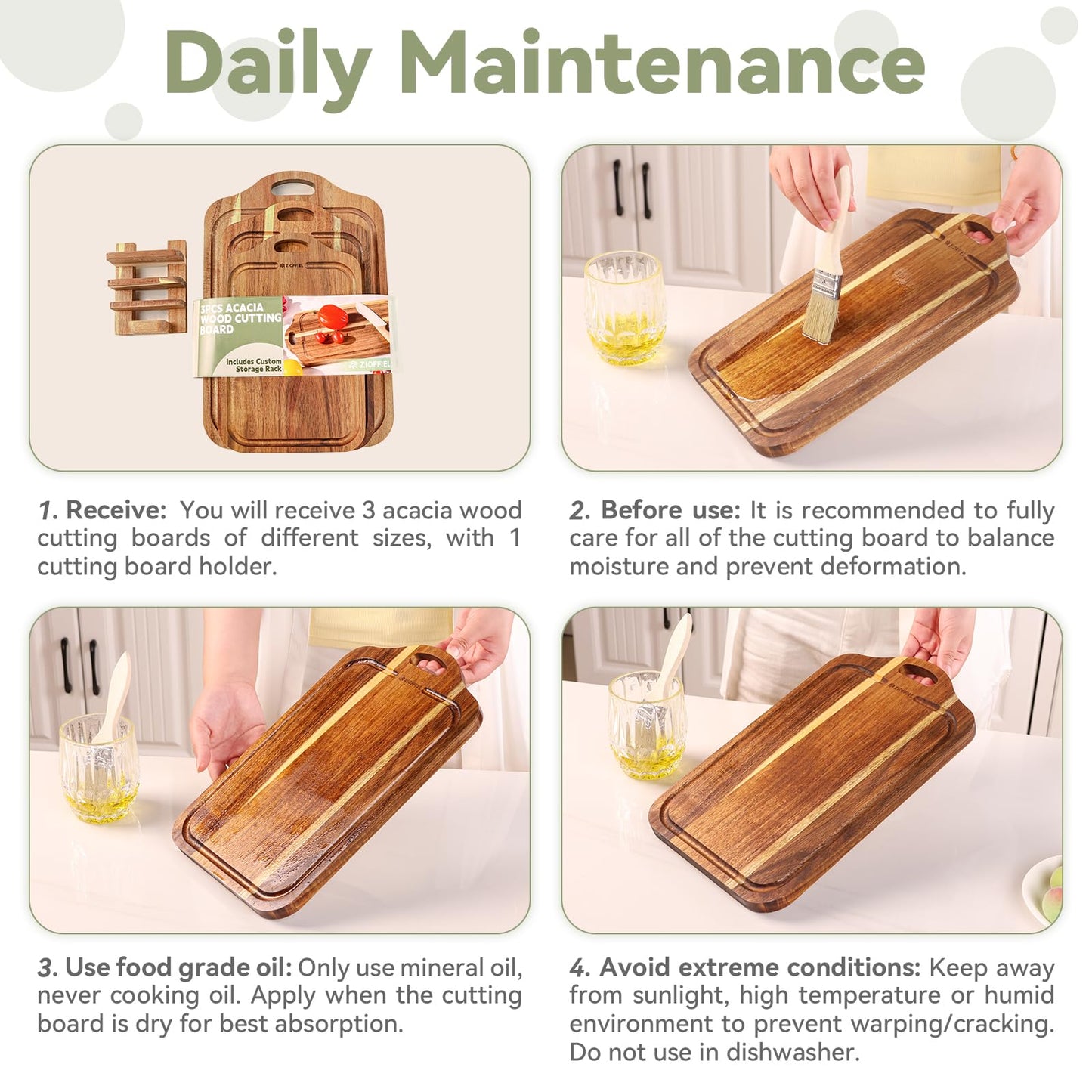 Acacia Wood Cutting Board Set of 3 Size with Holder,