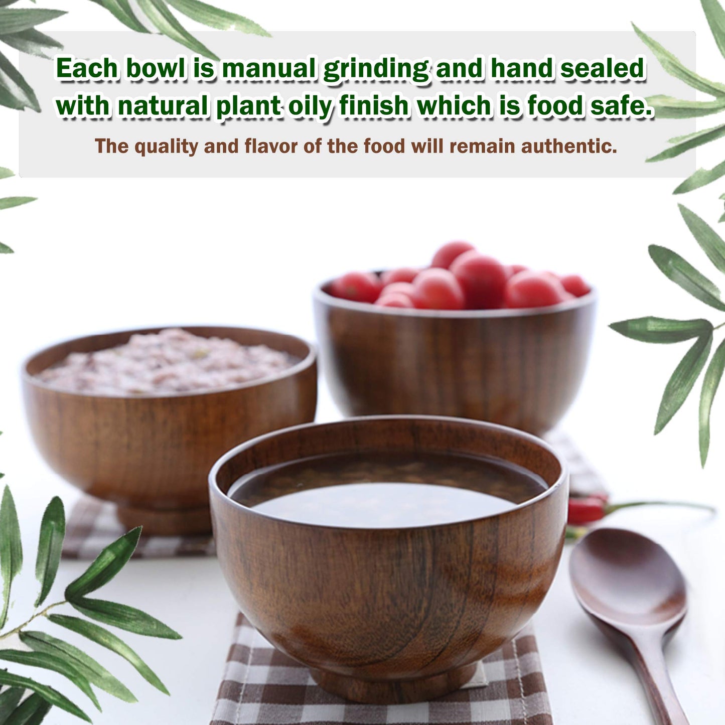 Originalidad Handmade Wood Bowls, Jujube Wooden Japanese Bowl with Matching Spoon for Rice, Soup, Dip, Salad, Tea, Decoration 4 Sets (4 Bowls 4.2 IN + 4 Spoons)
