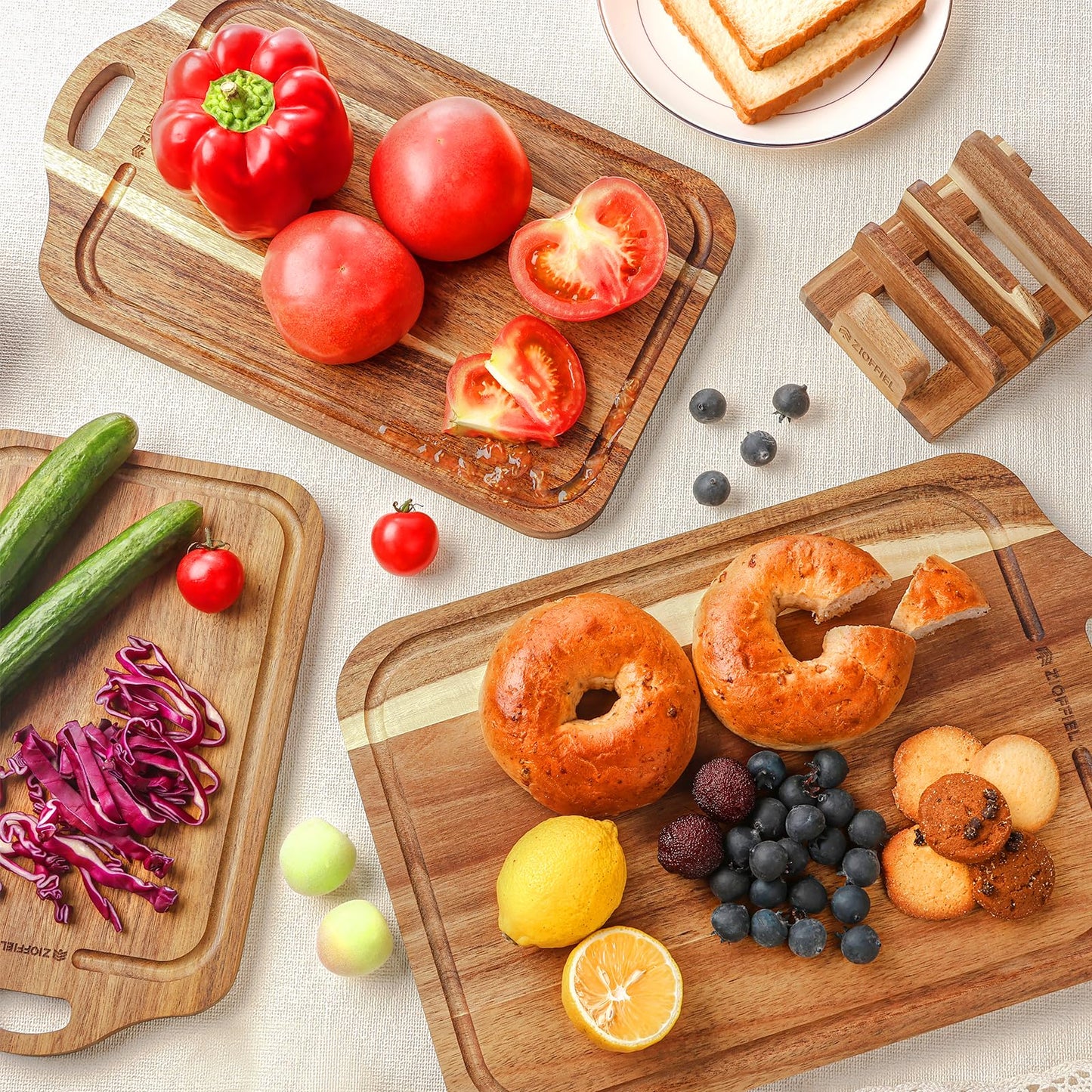 Acacia Wood Cutting Board Set of 3 Size with Holder,